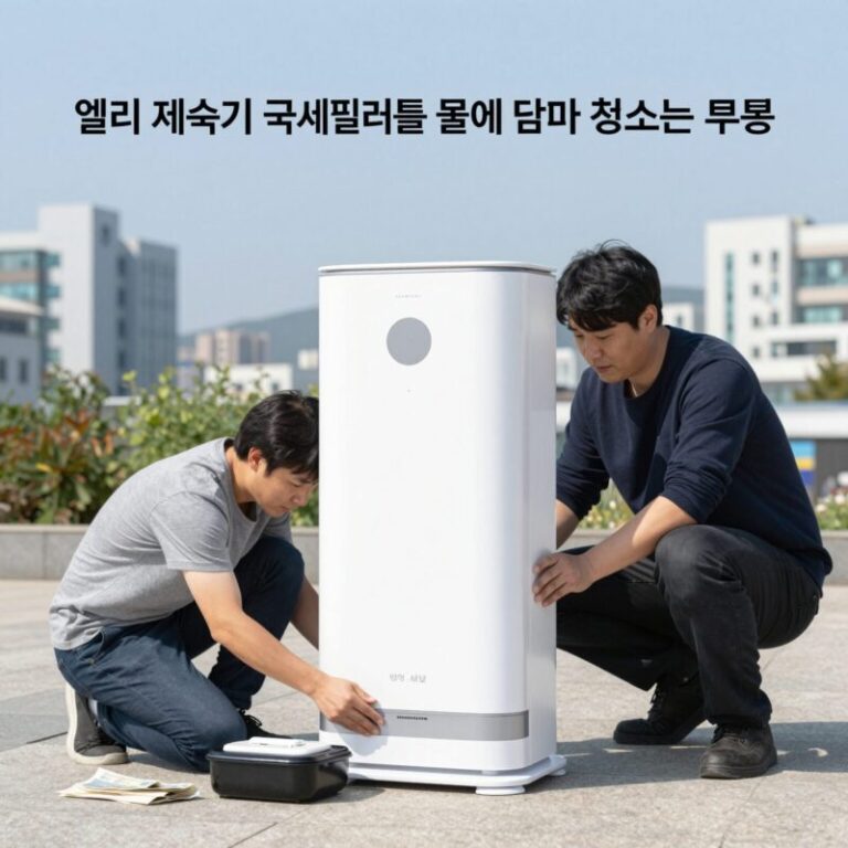 엘지 제습기 극세필터를 물에 담가 청소하는 모습
