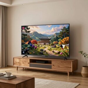 LG 스탠바이미 2 Max 32인치 4K 화면이 거실에서 사용되는 모습