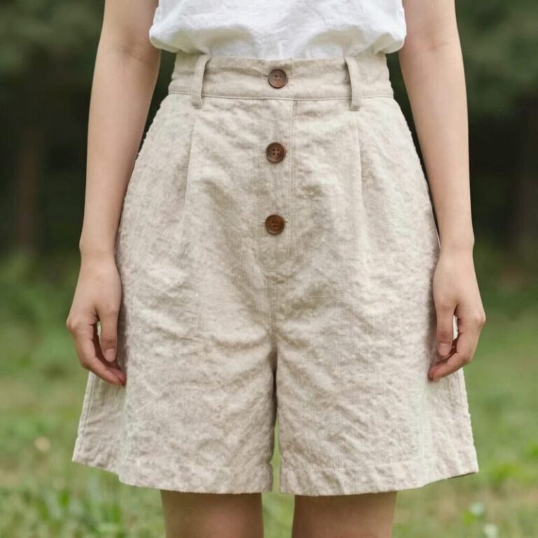 앞면 단추 디테일이 돋보이는 세미 A라인 린넨 스커트 여름 스타일링 사진