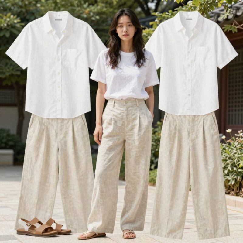 여자린넨바지 여름 코디 완전정복 1 밝은 색상의 린넨 와이드 팬츠를 입고 화이트 셔츠와 매치한 여성의 여름 코디 이미지