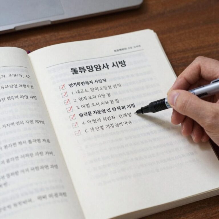 물류관리사 시험 준비 책상에 펼쳐진 교재와 노트, 형광펜으로 체크된 법규 요약집