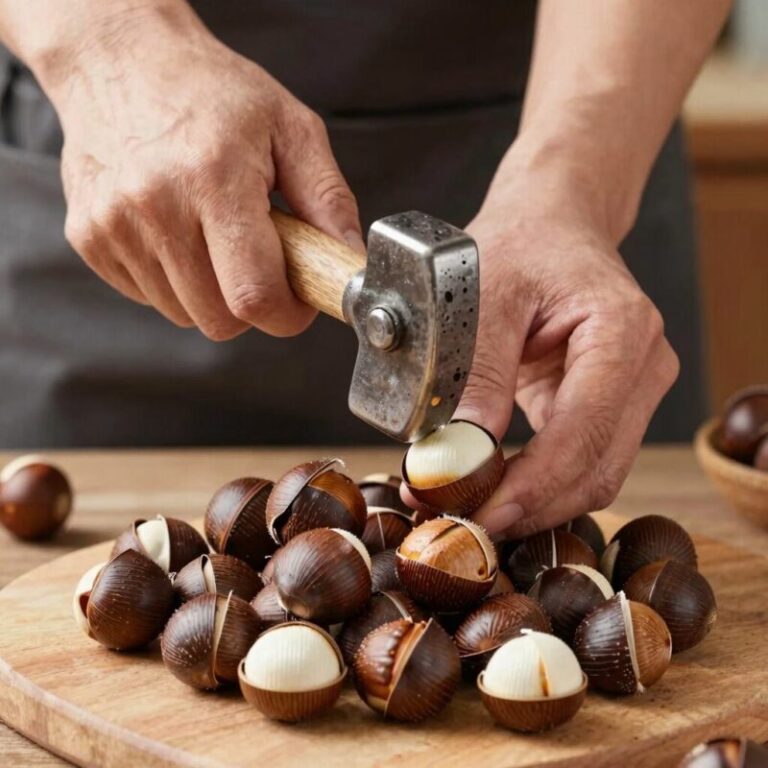 매실 씨 빼는 망치 사용 모습과 깐매실 과육
