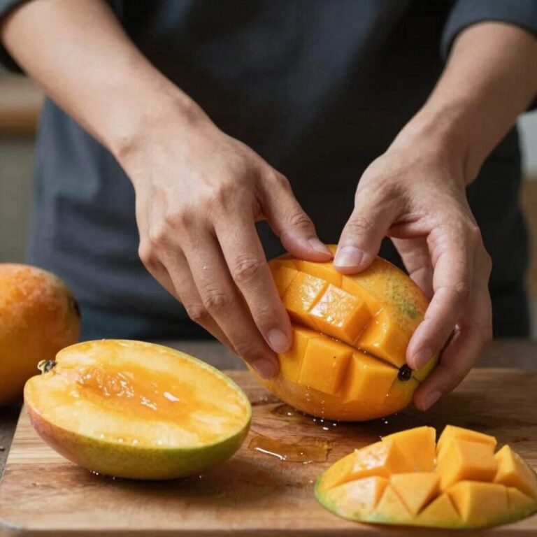 망고스틴 칼로 가로 칼집 넣어 까는 과정