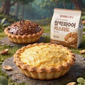 메이플스토리와 롯데웰푸드 콜라보 찰떡파이 돼지바맛과 카스타드 피넛버터맛 제품 사진