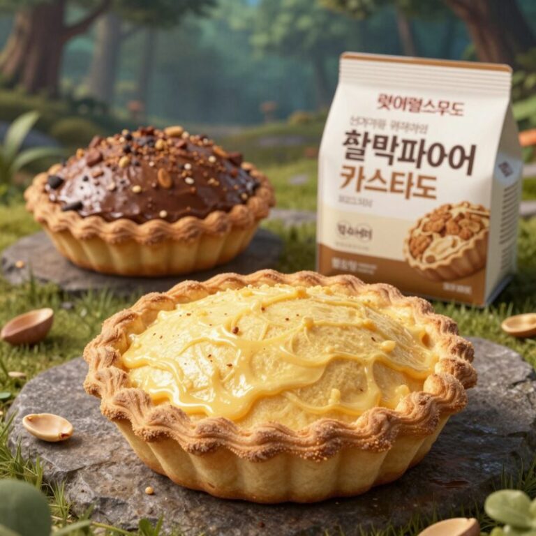 메이플스토리와 롯데웰푸드 콜라보 찰떡파이 돼지바맛과 카스타드 피넛버터맛 제품 사진