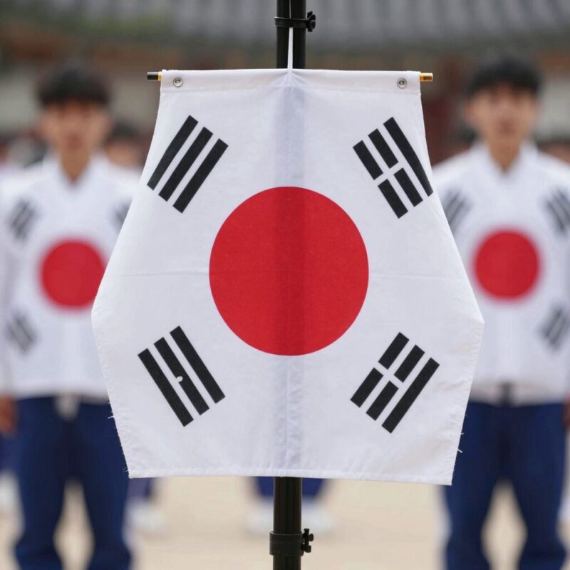 현충일 조기 게양된 태극기 이미지, 깃대 중간에 내려진 모습