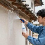 깔따구 퇴치 잔류 살충제 사용법 깔따구 퇴치를 위해 창틀에 잔류 살충제를 분사하는 모습