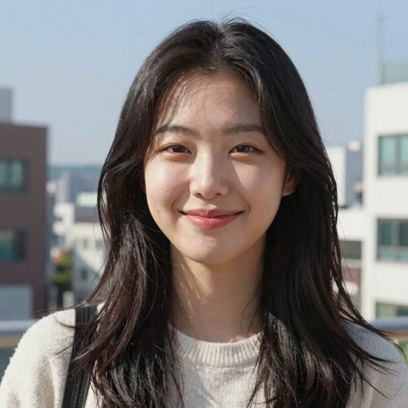 다나카 미나미가 새 앨범 내일의 불꽃 콘셉트 사진에서 부드럽게 미소 지으며 카메라를 바라보고 있는 모습