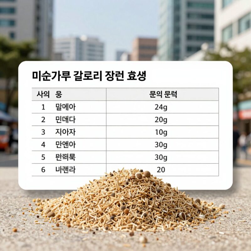 미숫가루 칼로리 정보와 효능을 표로 정리한 이미지