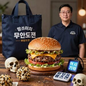 맘스터치 무한도전 콜라보 세트와 굿즈 사진. 박차장 정과장 버거와 해골 스퀴즈볼, LED 키캡 키링이 보인다.