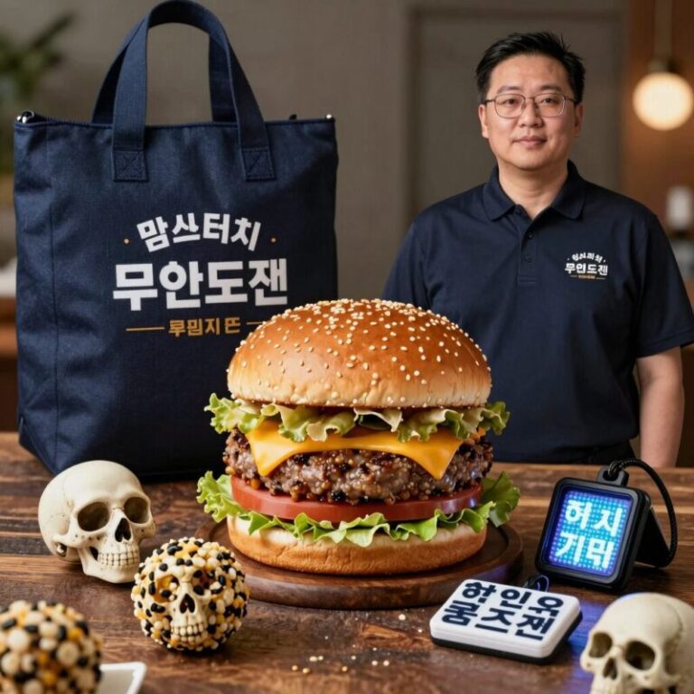 맘스터치 무한도전 콜라보 세트와 굿즈 사진. 박차장 정과장 버거와 해골 스퀴즈볼, LED 키캡 키링이 보인다.