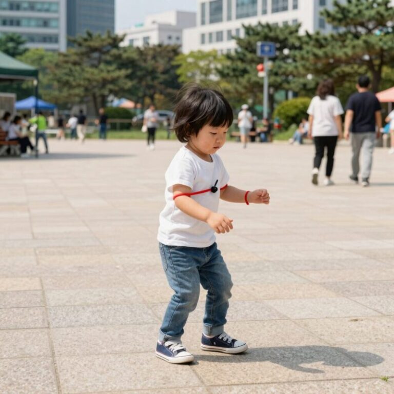 아이가 모기팔찌를 착용하고 공원에서 노는 모습