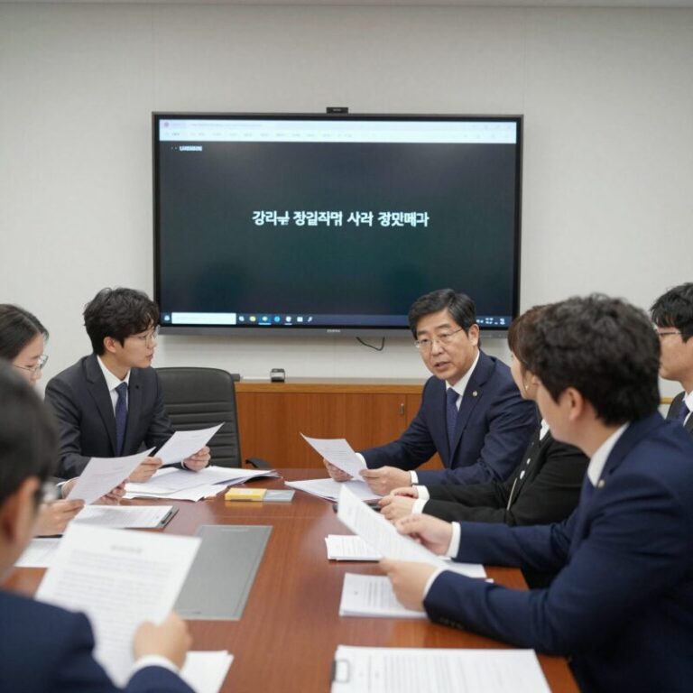 신입사원이 강회장과 회의실에서 대화하는 모습. 밝은 분위기 속에서 문서를 보며 토론하고 있다.