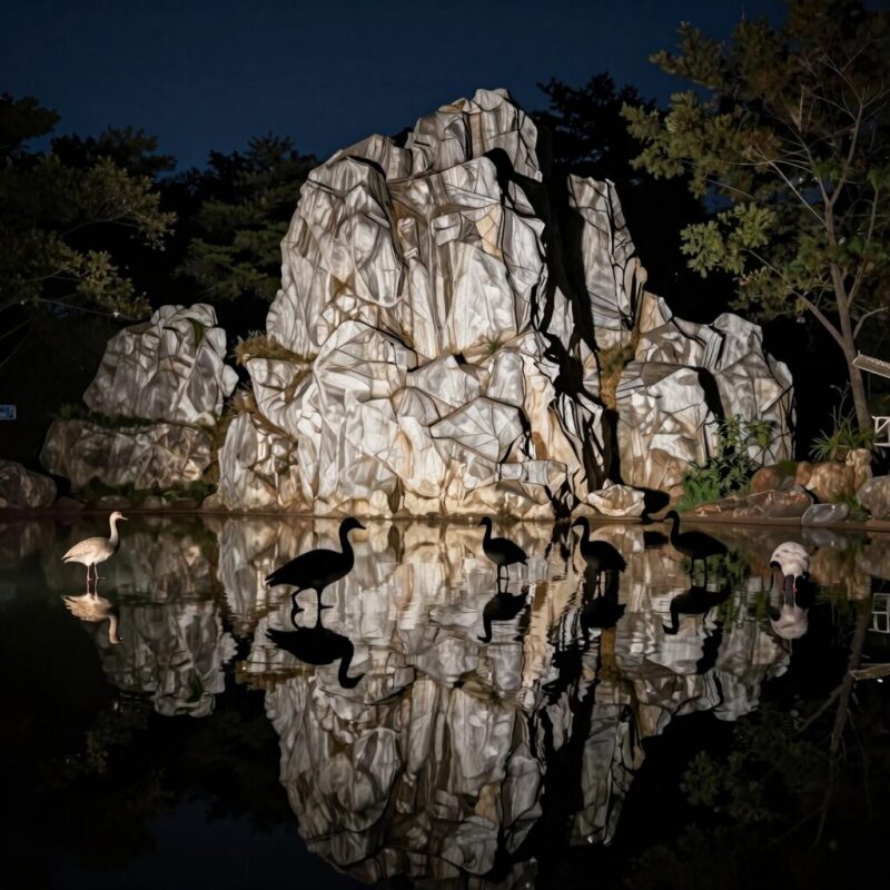안산 노적봉인공폭포공원 야간 나들이 1 밤에 보이는 노적봉인공폭포공원 연못의 반사와 오리 실루엣