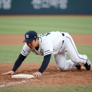 Oh Seon Woo diving to first base in the 8th inning