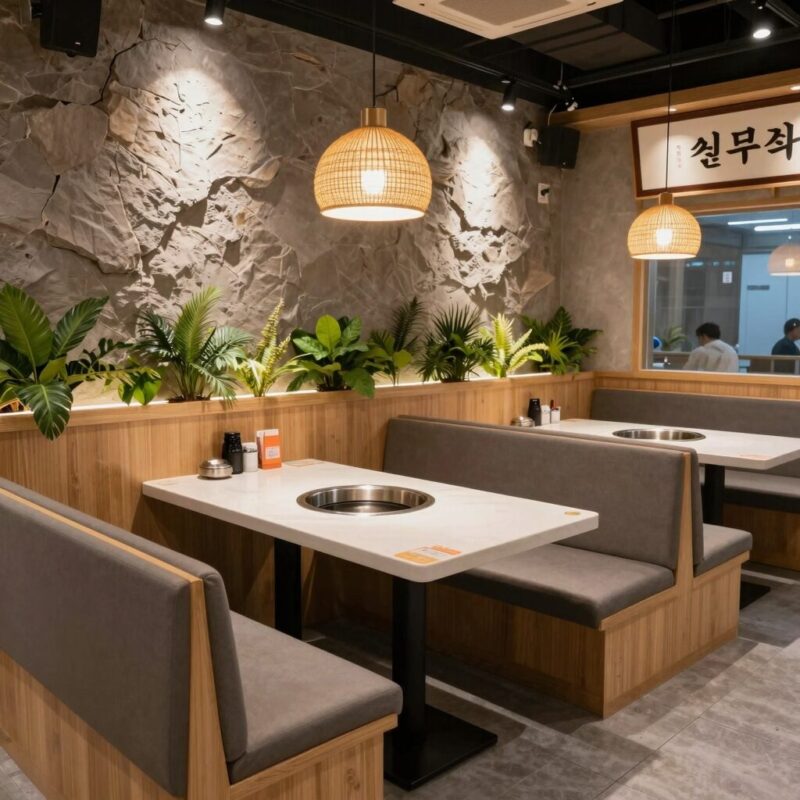 올림픽공원 샤브샤브 홈수끼 룸식당 1 올림픽공원 홈수끼 샤브샤브 룸식당 내부 소파 부스와 테이블 세팅