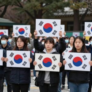 서울 올림픽공원 개표소 앞 집회 현장에서 사람들이 모여 시위하는 모습, 팻말과 태극기가 보인다.