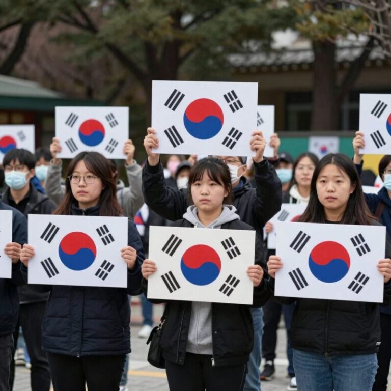 서울 올림픽공원 개표소 앞 집회 현장에서 사람들이 모여 시위하는 모습, 팻말과 태극기가 보인다.