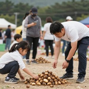 서산 팔봉산 감자축제에서 감자캐기 체험하는 가족 모습