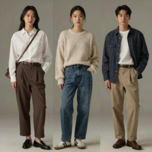 플리츠 팬츠를 입고 다양한 상의와 신발을 매치한 코디 사진
