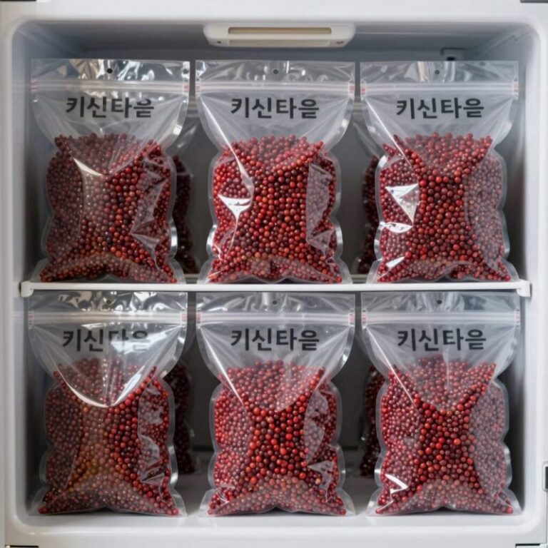 키친타월로 개별 포장된 자두들이 밀폐 용기에 담겨 냉장고 신선칸에 보관된 모습
