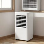 Portable air conditioner cooling a room with window exhaust kit