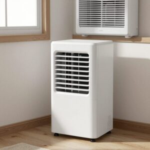 Portable air conditioner cooling a room with window exhaust kit
