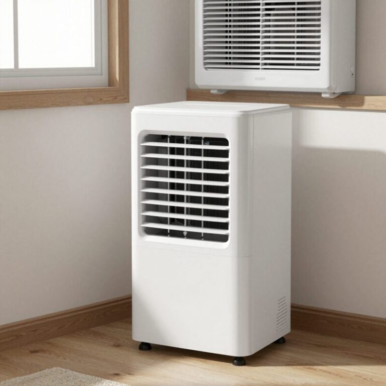 Portable air conditioner cooling a room with window exhaust kit