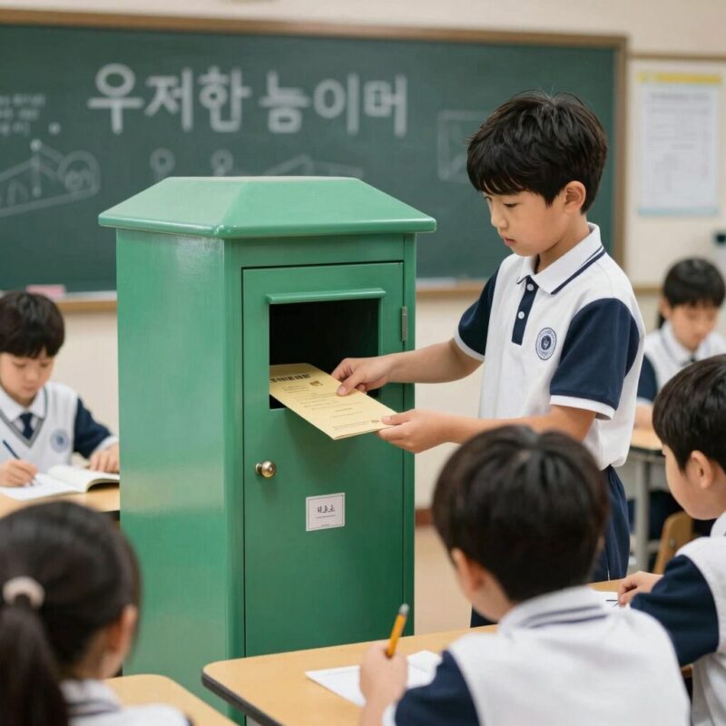 우체국놀이 현장학습과 역할놀이 1 우체국놀이를 위해 직접 만든 우편함과 배경판, 소품들이 놓인 교실 모습. 아이들이 편지를 쓰고 우편함에 넣는 과정을 보여줌