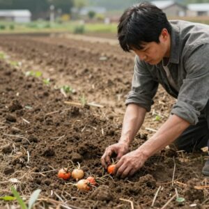 텃밭에서 흙을 부드럽게 들어 올리며 감자를 캐는 모습, 상처 없이 수확하는 올바른 방법