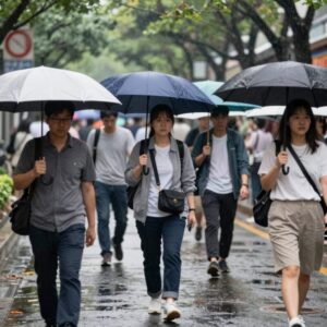 2026년 한국 장마철 비 오는 거리 풍경과 우산을 든 사람들