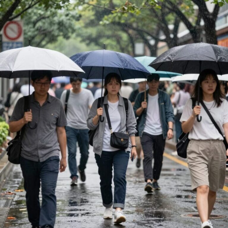 2026년 한국 장마철 비 오는 거리 풍경과 우산을 든 사람들