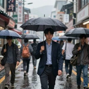 2026년 장마철 도시 거리에서 우산을 쓴 사람들의 모습으로 장마 시기를 상징