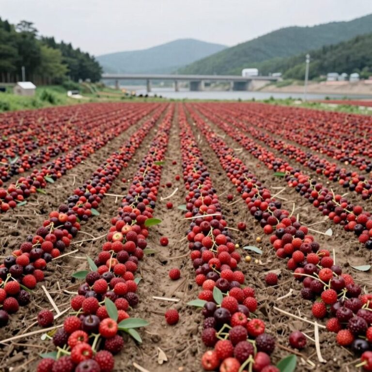 대구 가창댐 산딸기 농장 전경, 넓은 밭에 빨간 산딸기가 주렁주렁 열려 있다