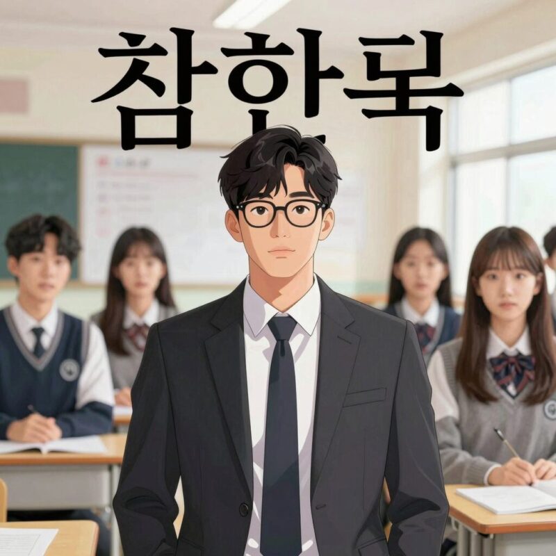 참교육 웹툰 대표 표지, 주인공 이한결 교사와 학생들이 배경에 그려져 있음
