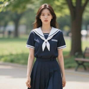 A woman wearing a navy sailor dress with white collar, standing in a sunlit park, looking stylish and casual