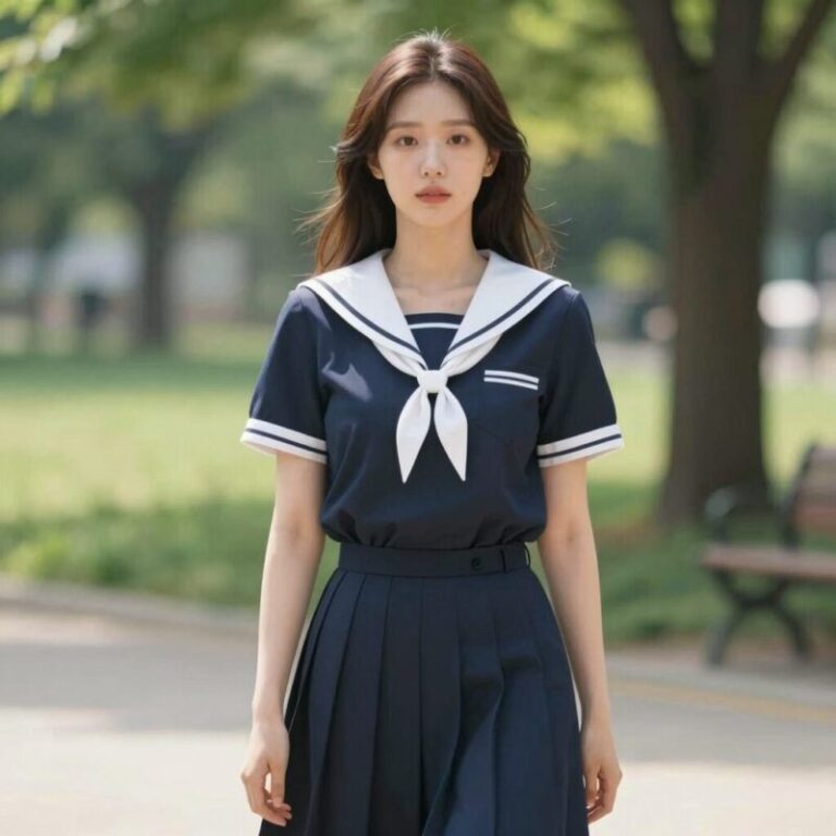 A woman wearing a navy sailor dress with white collar, standing in a sunlit park, looking stylish and casual