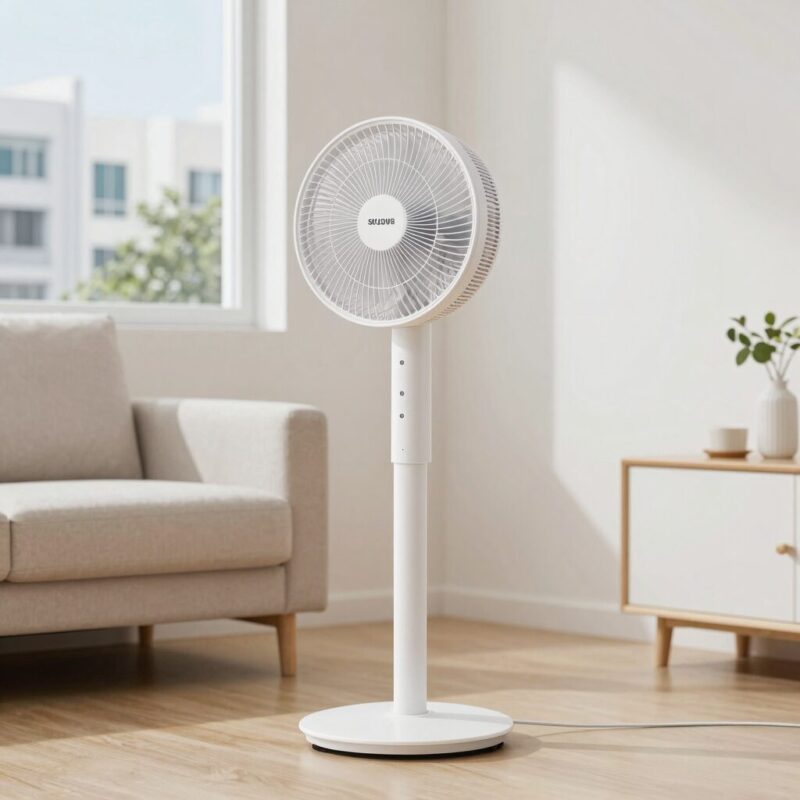 삼성 스탠드형 선풍기 SFN-W35GFVP가 거실에 놓여 있는 모습 깔끔한 화이트 디자인이 인테리어와 잘 어울린다