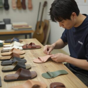 샌들메이커가 작업실에서 가죽 샌들을 손수 제작하는 모습