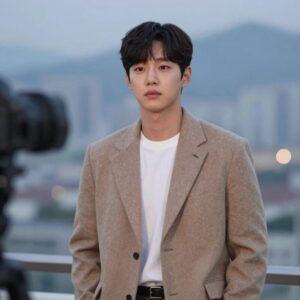 서인국이 새 드라마 너의 모든 순간 촬영장에서 포즈를 취하고 있는 사진. 배경은 흐릿한 도시 풍경으로 로맨틱한 분위기를 자아낸다.