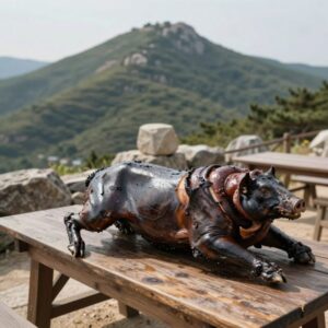 성산일출봉이 보이는 야외 좌석에서 흑돼지 구이를 즐기는 모습