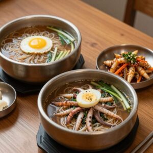 인천 영종도 설악칡냉면 물냉면과 비빔냉면, 오징어부추전이 차려진 테이블