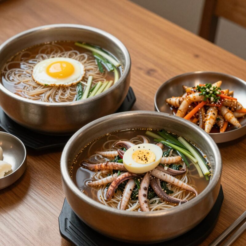 설악칡냉면 전국 지점 맛 비교 1 인천 영종도 설악칡냉면 물냉면과 비빔냉면, 오징어부추전이 차려진 테이블