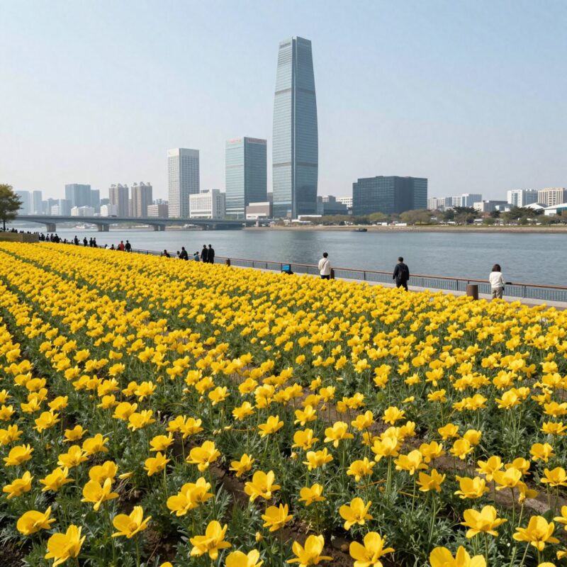 首尔纛岛凌霄花盛开 现在去正好 1 뚝섬한강공원 능소화 벽이 주황빛으로 가득 피어 있는 모습. 뒤로 롯데타워와 한강이 보인다.