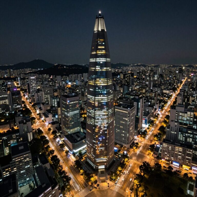 2026년 6월 잠실 롯데월드타워 전망대 서울스카이에서 바라본 야경, 고층 건물과 도로 불빛이 아름답게 펼쳐짐