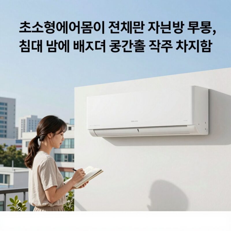 초소형에어컨이 설치된 작은방 모습, 침대 옆에 배치되어 공간을 적게 차지함