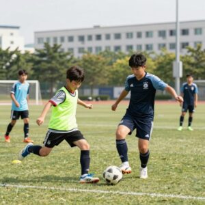 독일 뒤셀도르프 더블제이 스포츠 아카데미에서 한국 아이들이 축구 훈련하는 모습