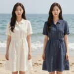 송혜교 이영애 휴양지룩 비법 송혜교와 이영애의 휴양지룩 비교 컷, 각각 리넨 원피스와 차이나 드레스를 입고 해변에서 포즈를 취하고 있다.