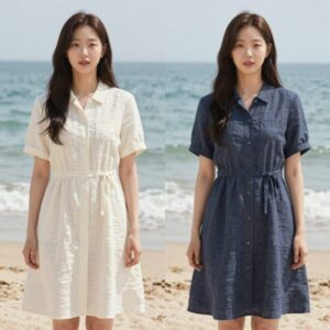 송혜교와 이영애의 휴양지룩 비교 컷, 각각 리넨 원피스와 차이나 드레스를 입고 해변에서 포즈를 취하고 있다.