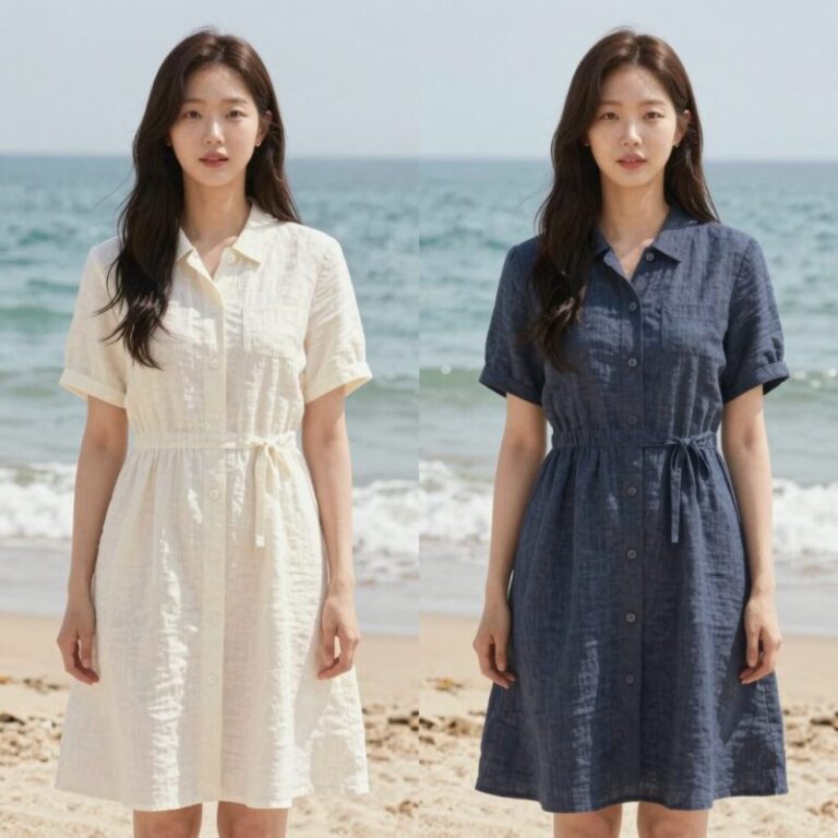 송혜교와 이영애의 휴양지룩 비교 컷, 각각 리넨 원피스와 차이나 드레스를 입고 해변에서 포즈를 취하고 있다.